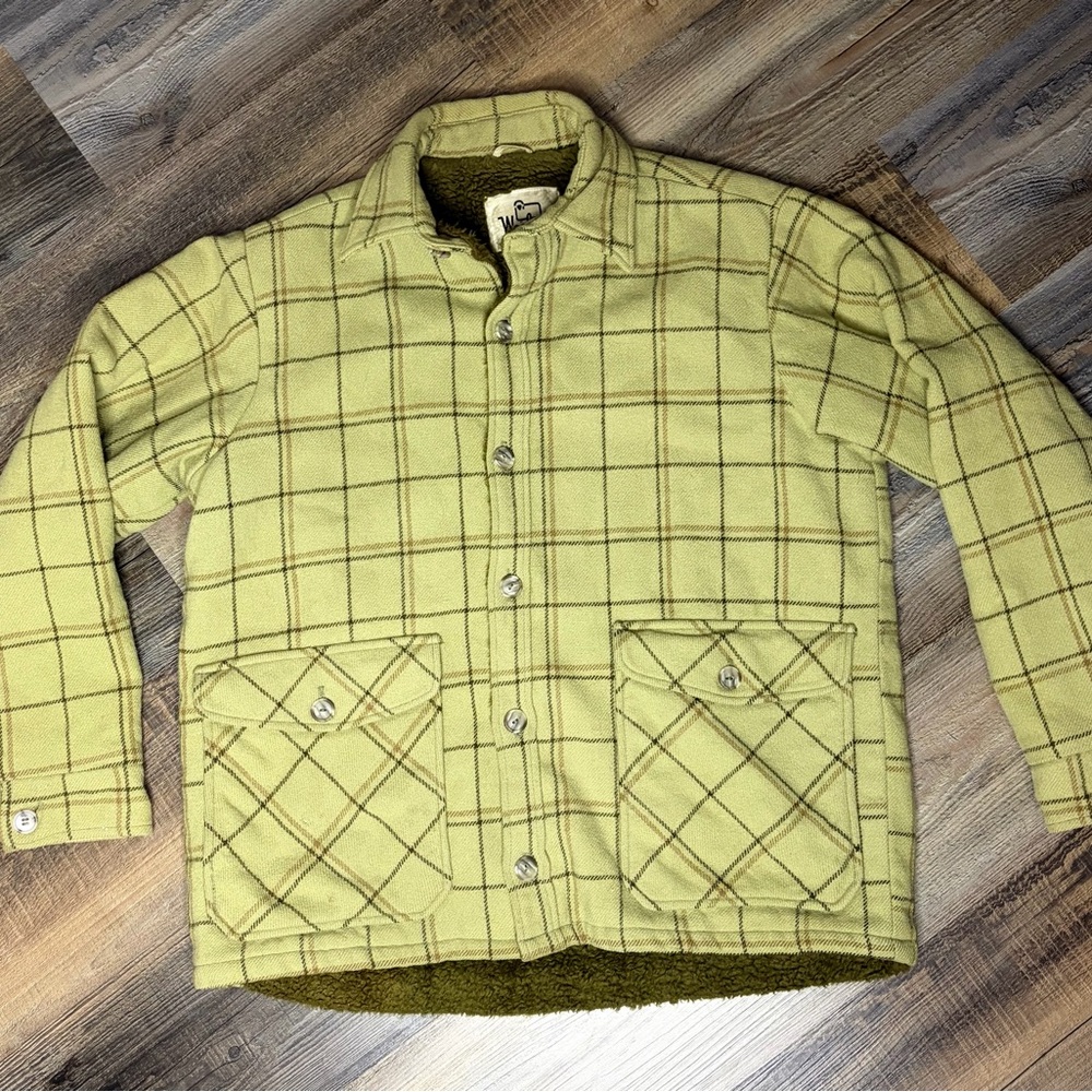 Vintage Woolrich Jacket Sherpa Lined Large Plaid Green Button Up Workwear‎ Coat
